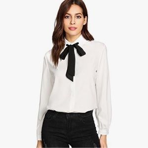 SheIn Women's Bow Tie Neck Ruffle Long Sleeve Chiffon Shirt Blouse Top